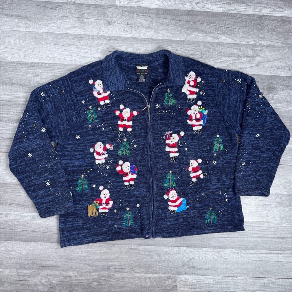 Vintage 90s Santa Christmas Zip Cardigan Sweater 2X Plus Size Holiday Knit